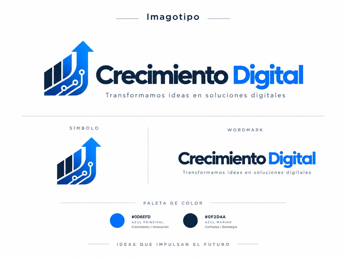 Referencia de identidad de Crecimiento Digital con imagotipo, símbolo, wordmark y colores #0D6EFD y #0F2D4A